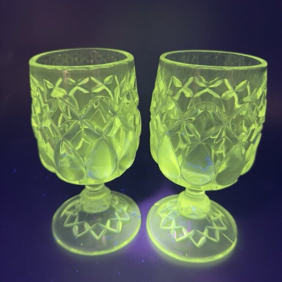 Antique Adams Glass Co Jacobs Tears Clear Goblets Cups Set 2 Manganese 365nm UV - Picture 13 of 15